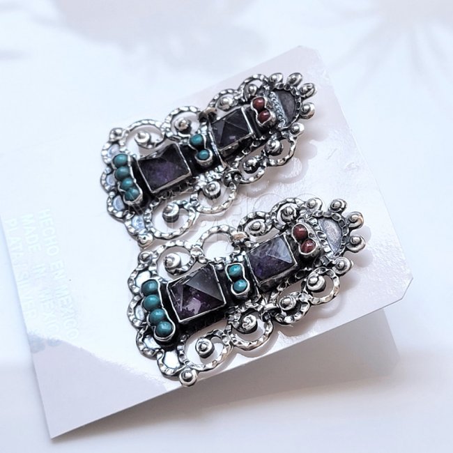 Mexican Silver Rivoli Cut Amethysts Earrings