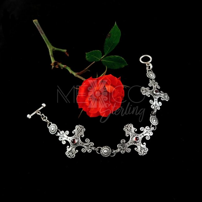 Silver Garnet Flower Cross Bracelet - Click Image to Close