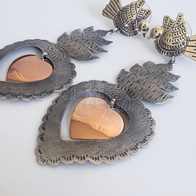Silver Copper Sacred Hearts Long Earrings
