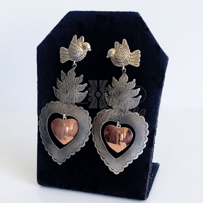 Silver Copper Sacred Hearts Long Earrings