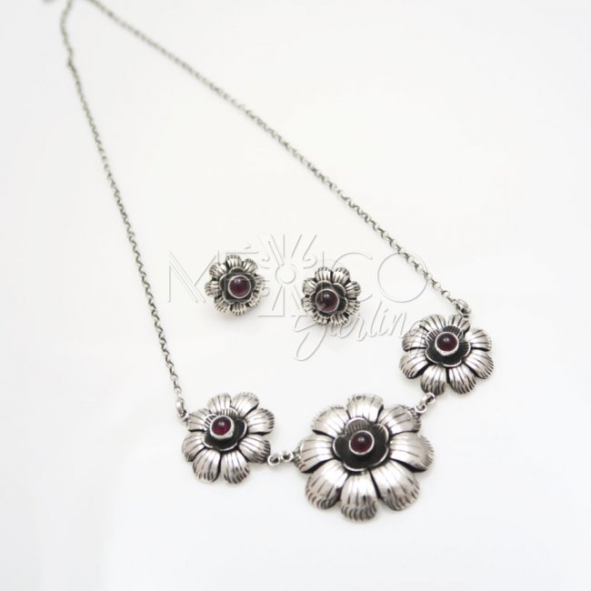 Silver and Garnet Flower Post Earrings