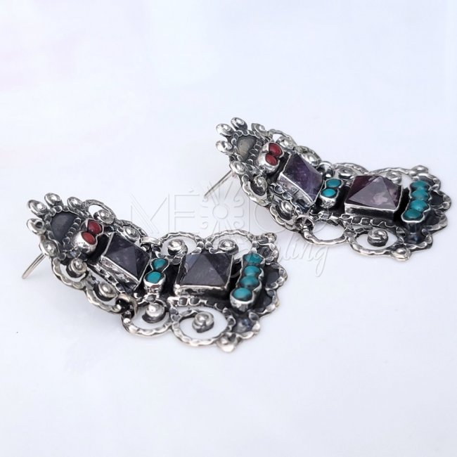 Mexican Silver Rivoli Cut Amethysts Earrings