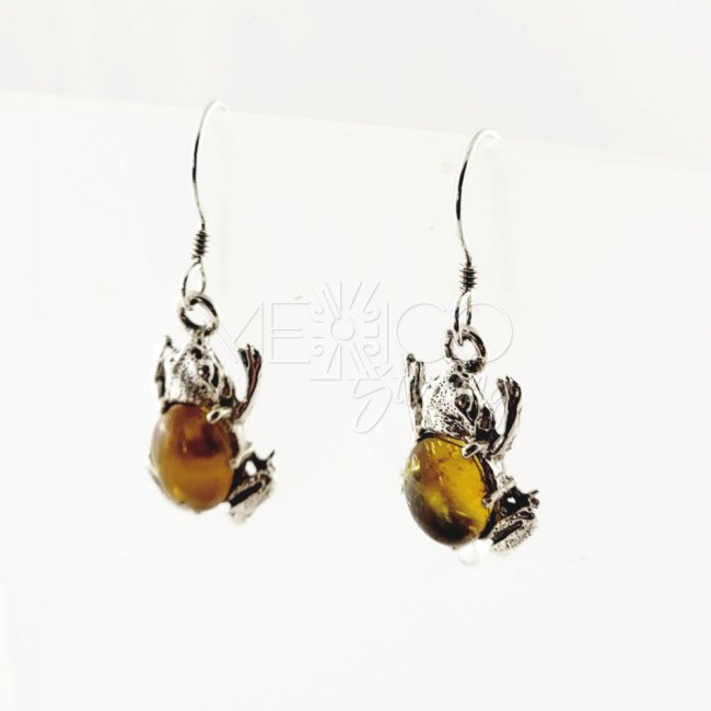 Delicate Silver Amber Frog Earrings