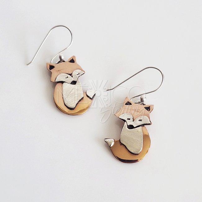 Silver and Copper Cute Dangle Fox Earrings
