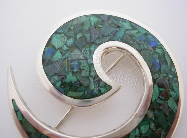 Old Taxco Style Silver Inlaid Malachite Pin - Pendant