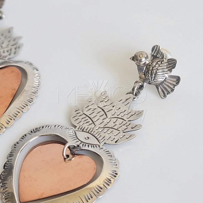 Silver Copper Sacred Hearts Long Earrings