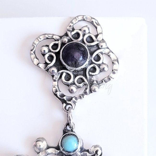 Multi-Stone Long Silver Traditional Earrings