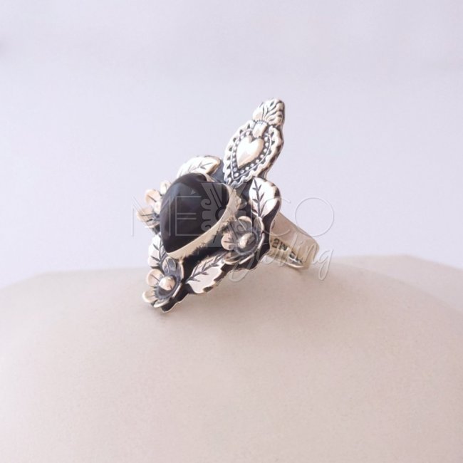 Heart Milagros Silver Ring and Obsidian