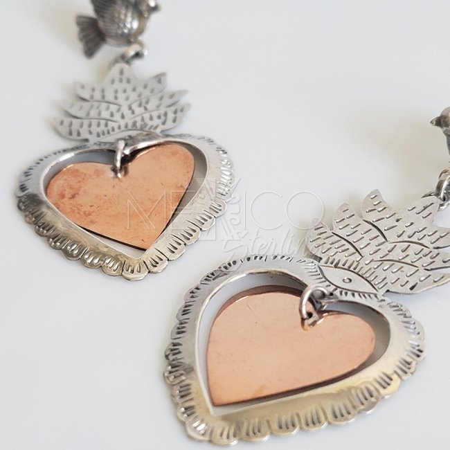 Silver Copper Sacred Hearts Long Earrings