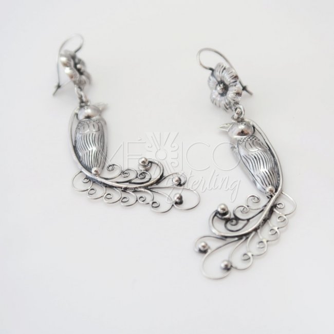 Mazahua Silver Paradise Bird Earrings