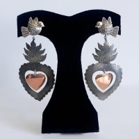 Silver Copper Sacred Hearts Long Earrings