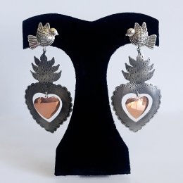 Silver Copper Sacred Hearts Long Earrings