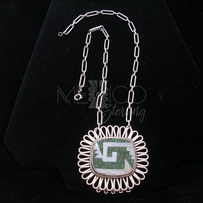 Taxco Vintage Silver Necklace with Mixed Inlays