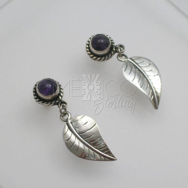 Delicate Silver Leaf Earrings with Amethyst