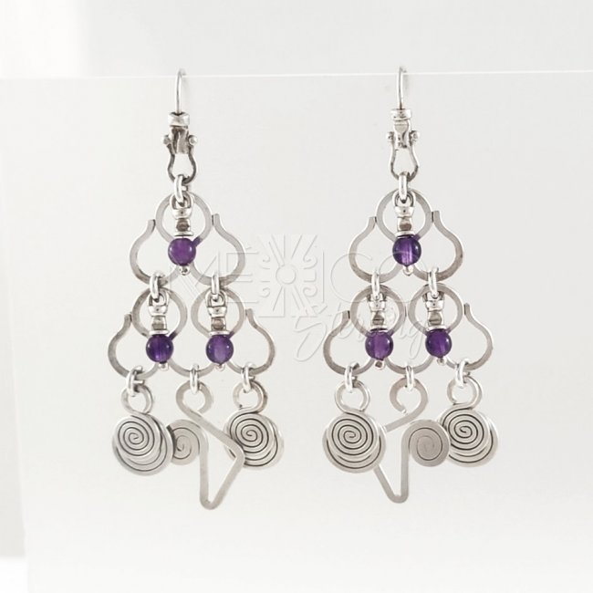 Silver Amethyst Taxco Rain Long Earrings - Click Image to Close