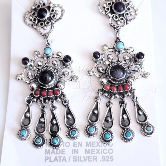 Multi-Stone Long Silver Traditional Earrings