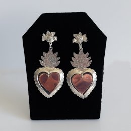 Silver Copper Sacred Hearts Long Earrings