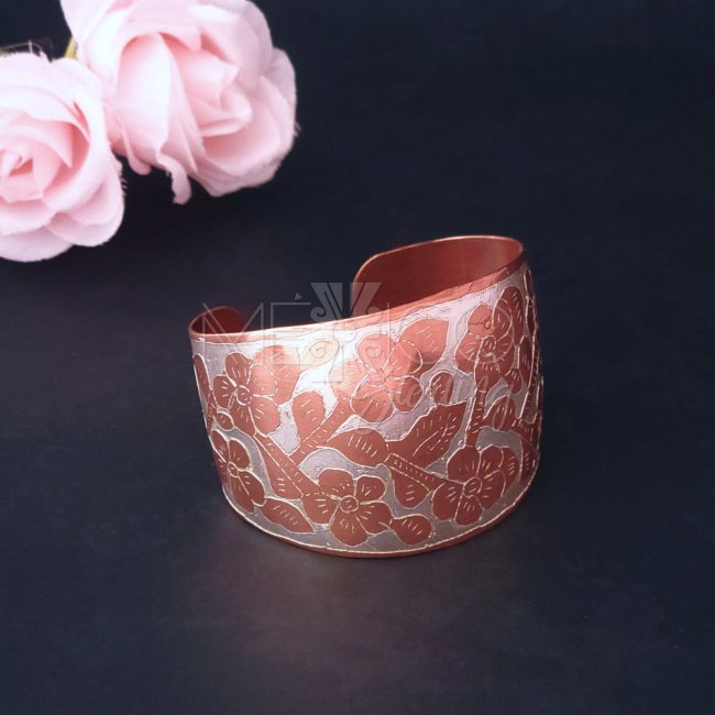 Floral Copper and Laminated Silver Cuff