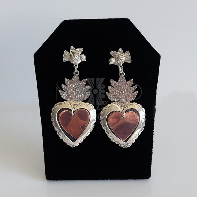 Silver Copper Sacred Hearts Long Earrings