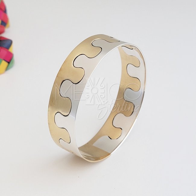 Puzzle Silver Two Tone Cuff Bracelet