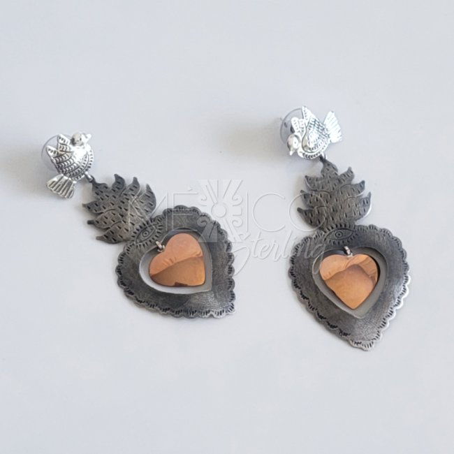 Silver Copper Sacred Hearts Long Earrings