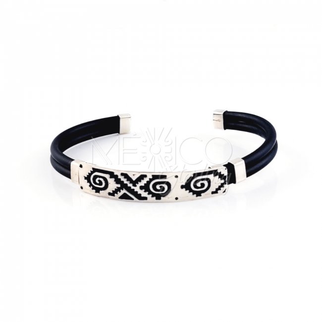 Silver and Rubber Aztec Borders Bangle - Click Image to Close