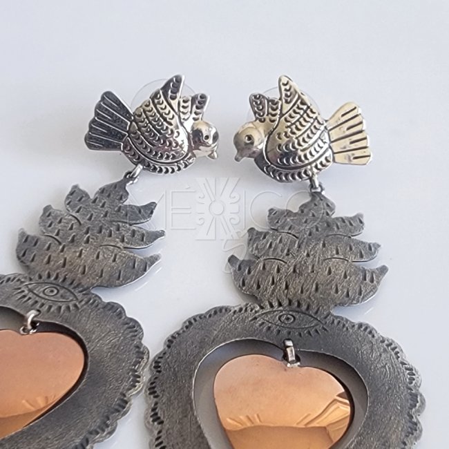 Silver Copper Sacred Hearts Long Earrings