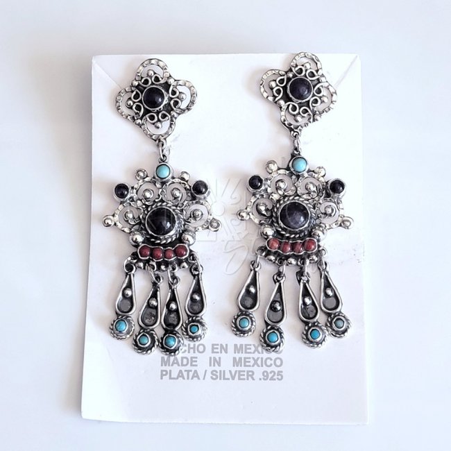 Multi-Stone Long Silver Traditional Earrings