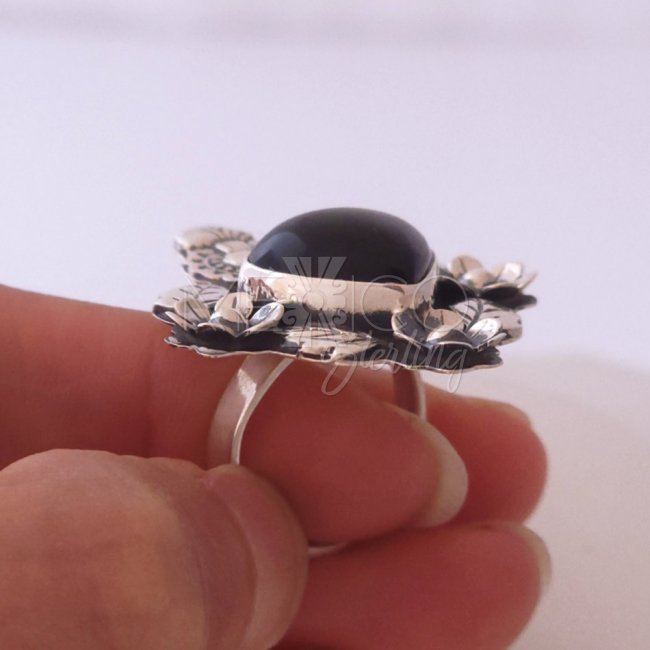 Heart Milagros Silver Ring and Obsidian