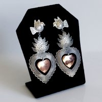 Silver Copper Sacred Hearts Long Earrings
