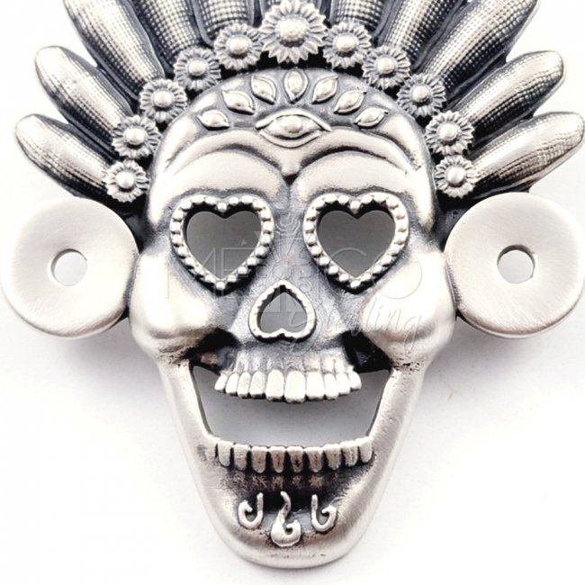 Decorated Unisex Silver Mayan Skull Pendant