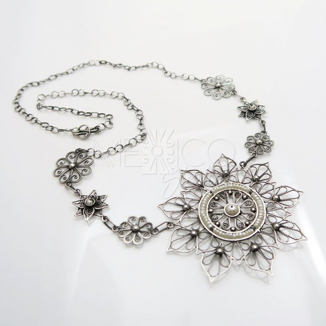 Silver and Pearls Night Mandala Necklace