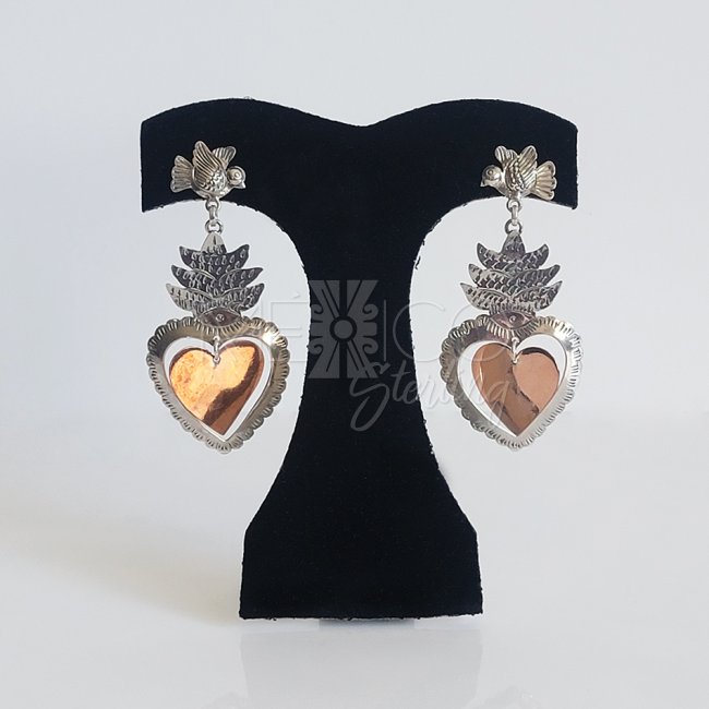 Silver Copper Sacred Hearts Long Earrings