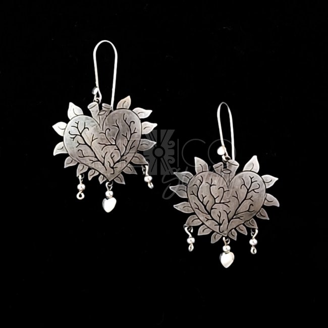Silver Fiery Milagros Heart Earrings