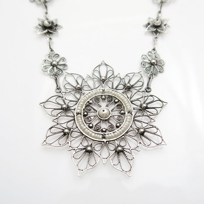 Silver and Pearls Night Mandala Necklace