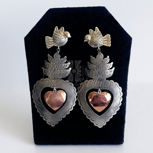 Silver Copper Sacred Hearts Long Earrings