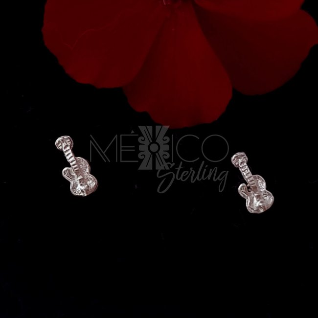 Cute Sterling Silver Miniature Guitar Studs