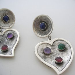 Taxco Silver Hearts Earrings Multi Stones