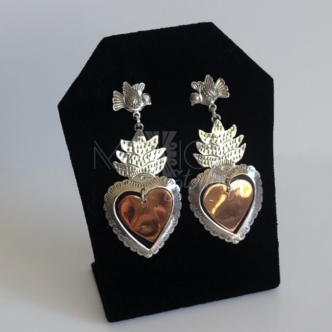 Silver Copper Sacred Hearts Long Earrings