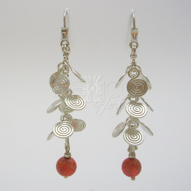 Silver and Coral Dangling Earrings - Click Image to Close