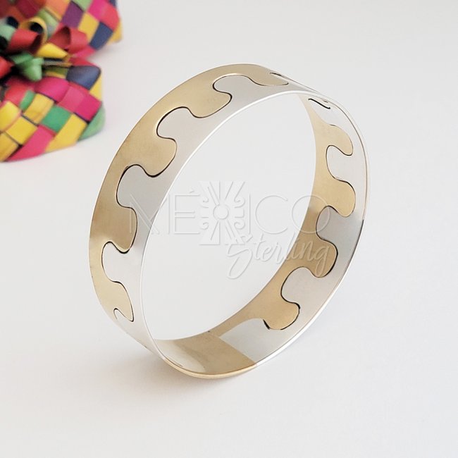 Puzzle Silver Two Tone Cuff Bracelet