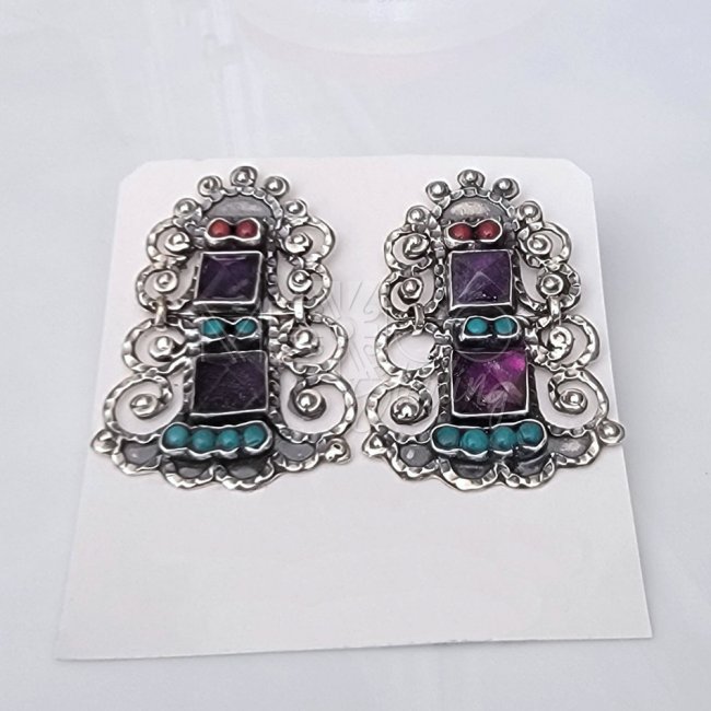 Mexican Silver Rivoli Cut Amethysts Earrings