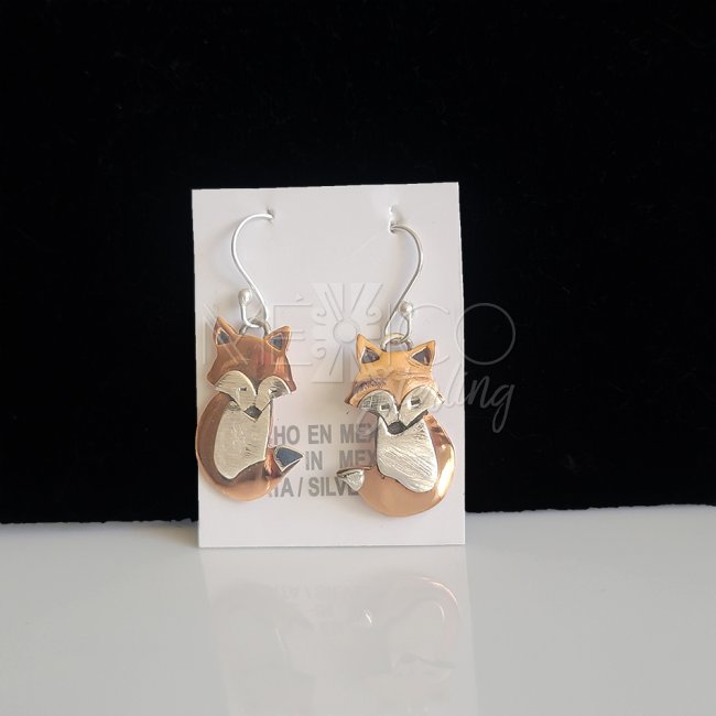 Silver and Copper Cute Dangle Fox Earrings
