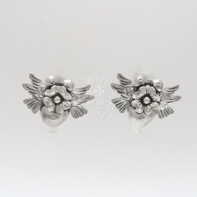 Silver Milagros Birds and Heart Earrings