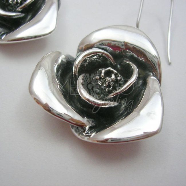Long Taxco Silver Rose Earrings