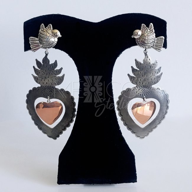 Silver Copper Sacred Hearts Long Earrings