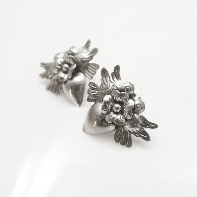 Silver Milagros Birds and Heart Earrings