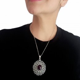 Vintage Style Locket Pendant Silver Amethyst