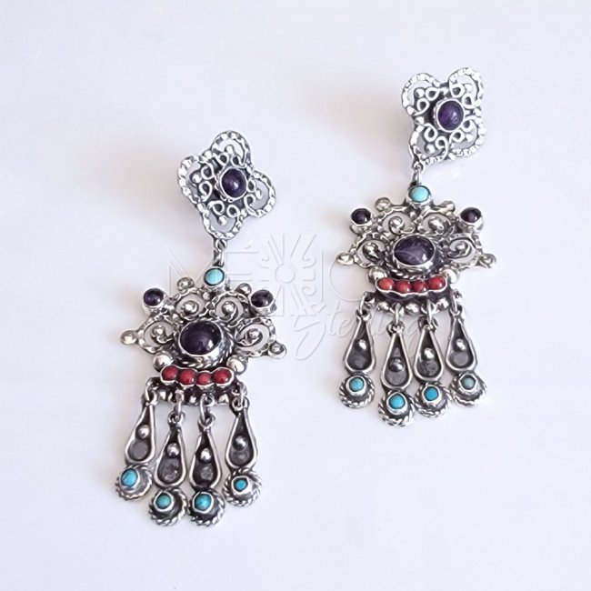 Multi-Stone Long Silver Traditional Earrings