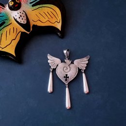 Sacred Heart and Wings Silver Pendant